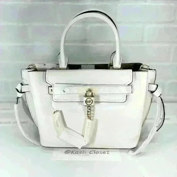 Michael Kors Satchel Hamilton Legacy SM Studded Leather Belted Purse Optic White